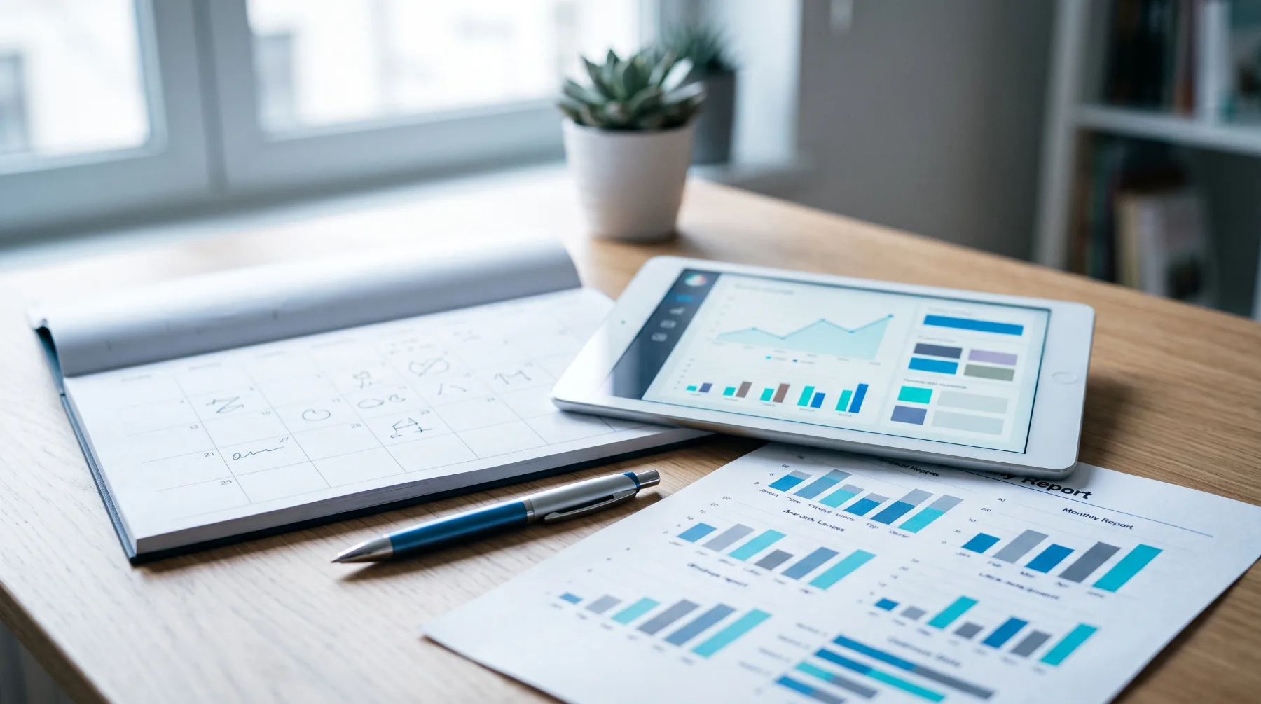 A desk planner, a tablet showing a rising traffic chart and a printed monthly report