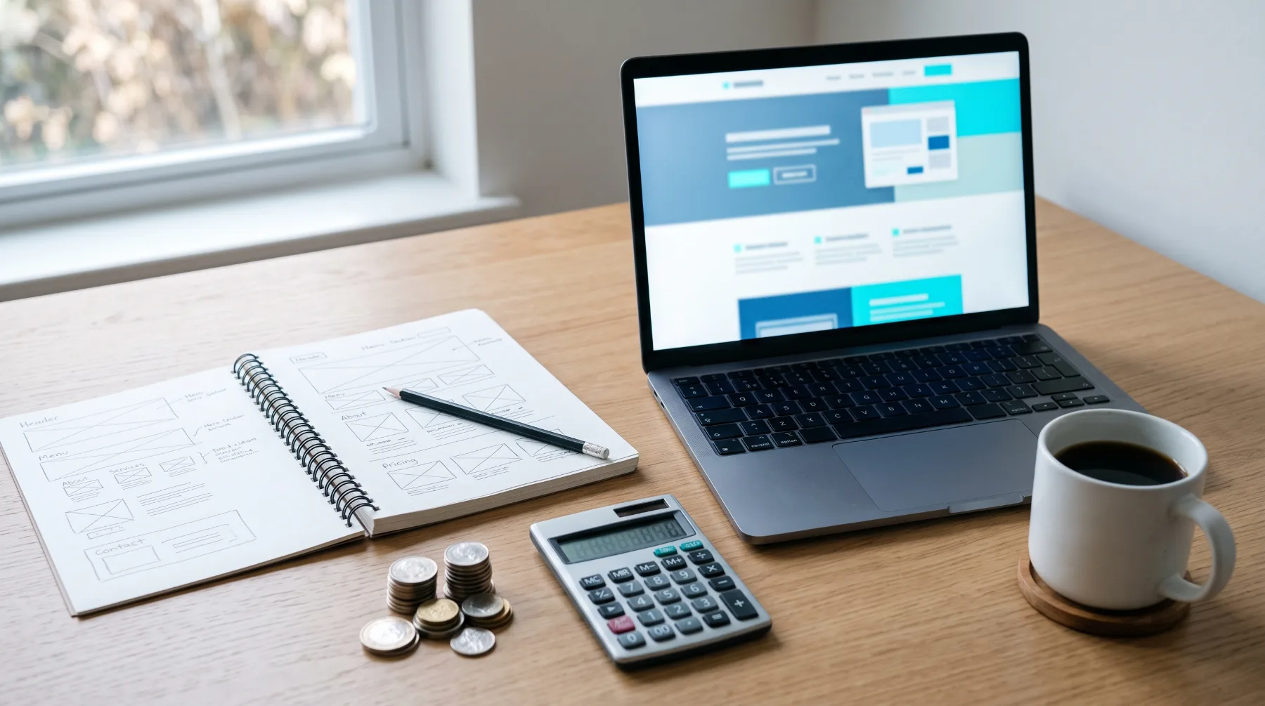 A notebook with website wireframe sketches beside a calculator, coins and a laptop