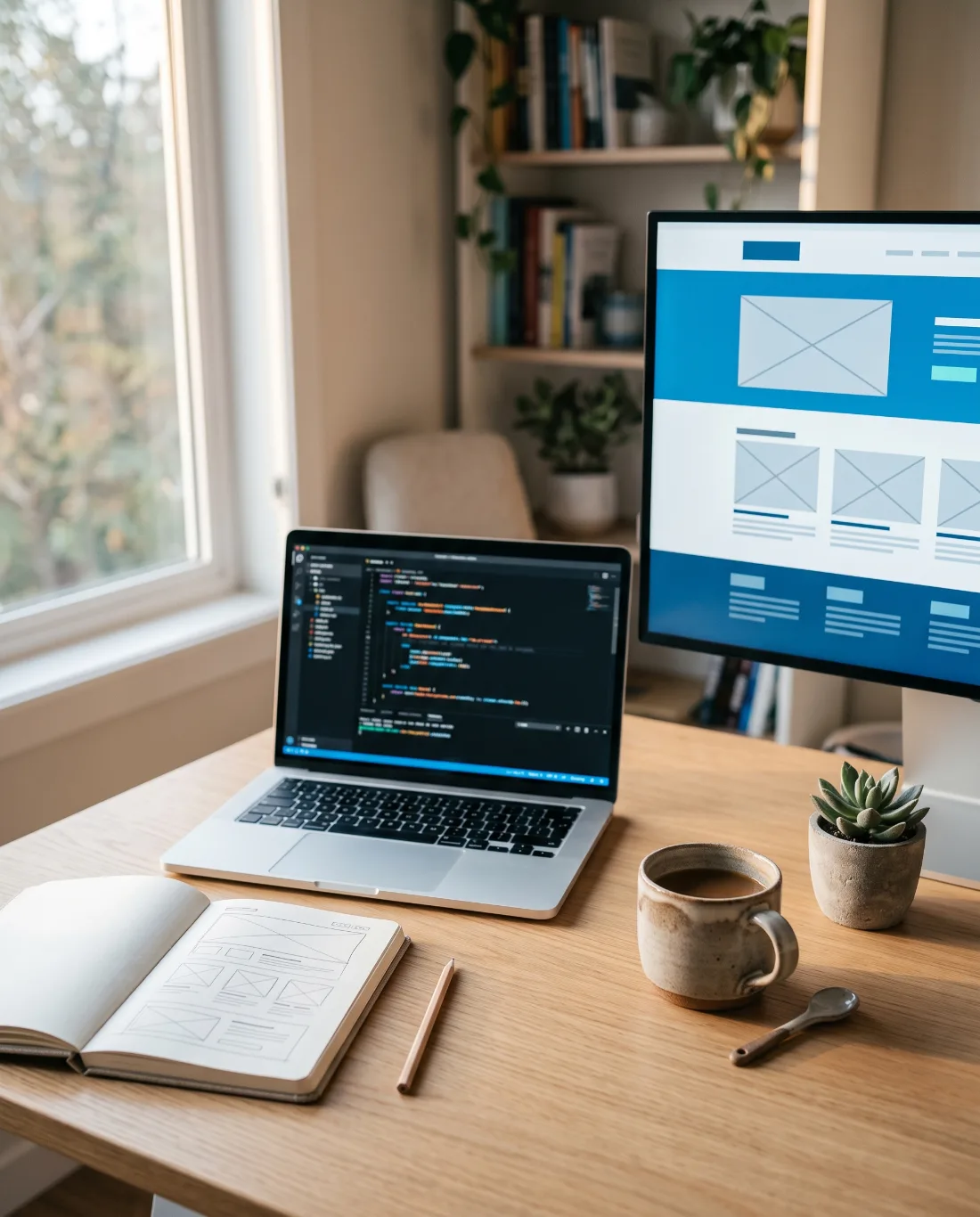 A web developer’s desk with a monitor showing a website layout and a laptop showing a code editor