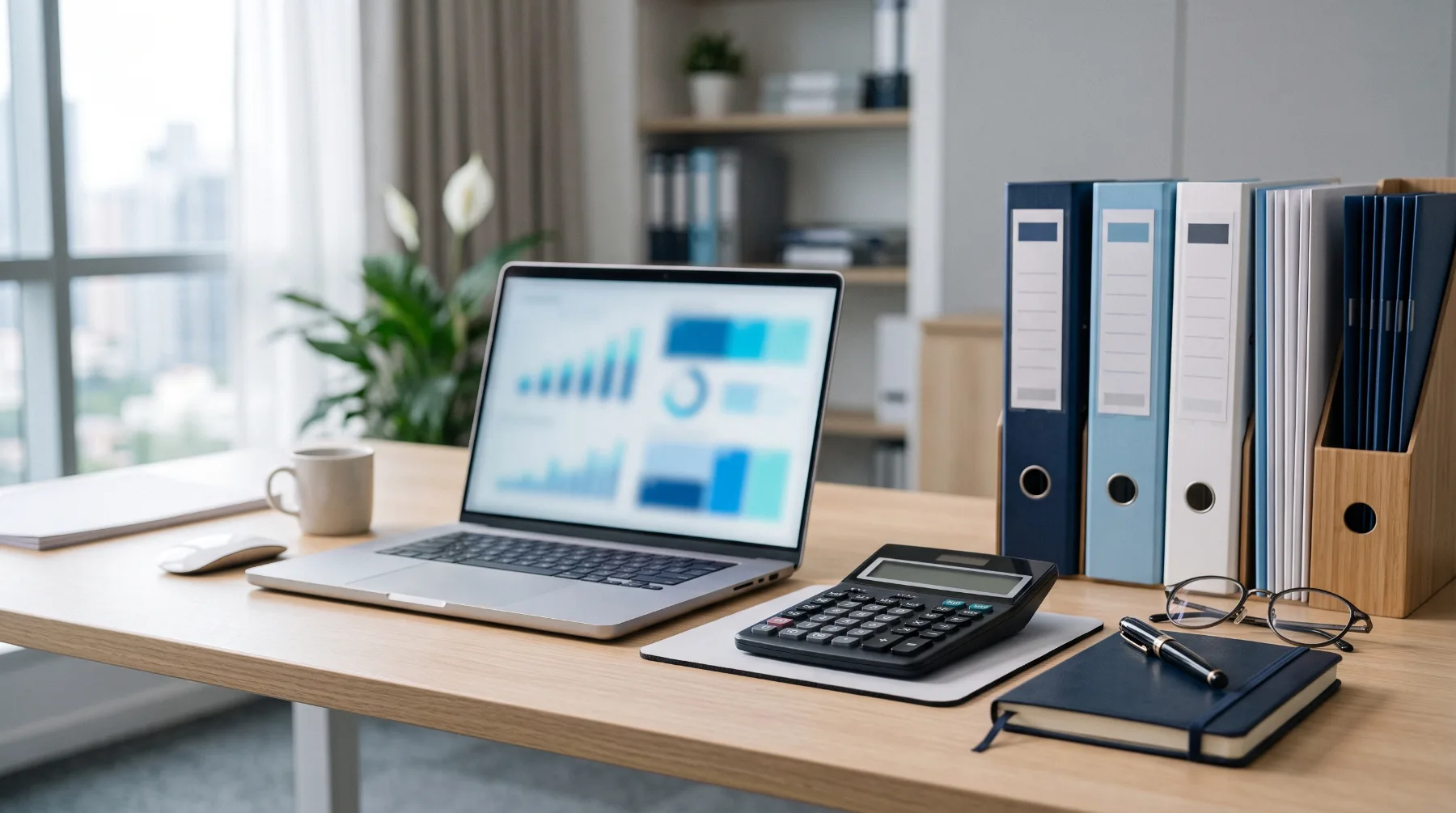 A tidy accounting desk with a laptop showing financial charts, a calculator and reading glasses