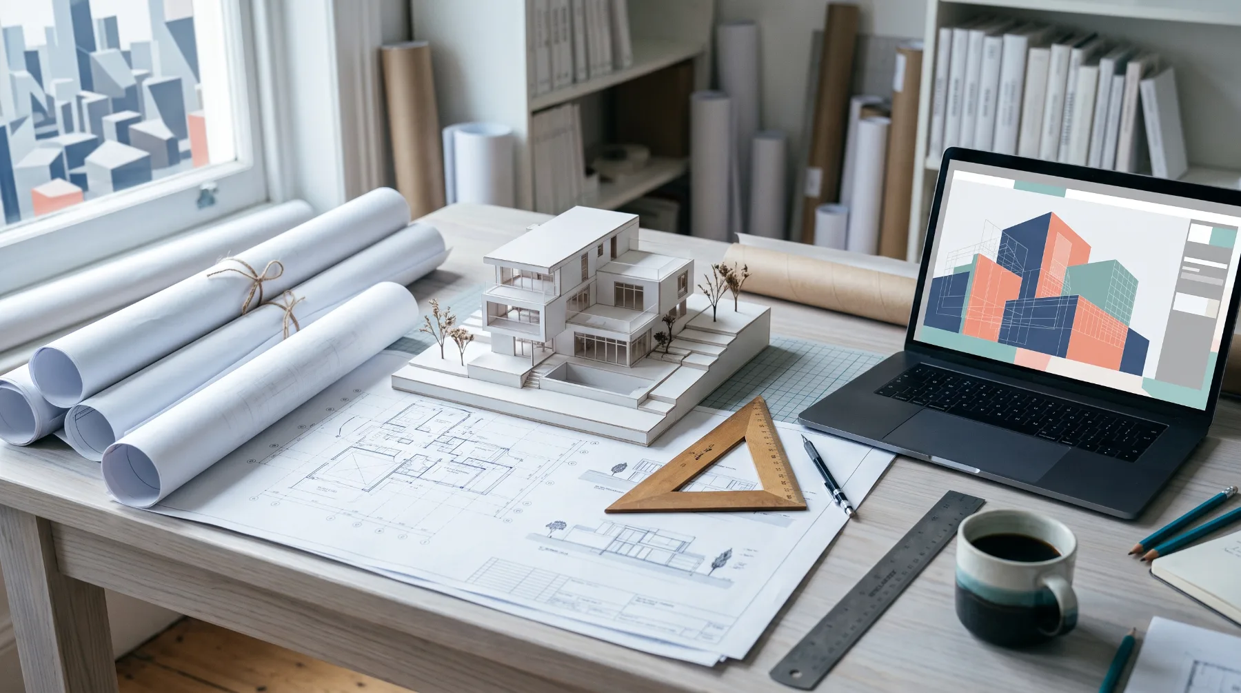 An architect’s table with drawings, a white scale model of a modern house and a laptop showing a 3D render