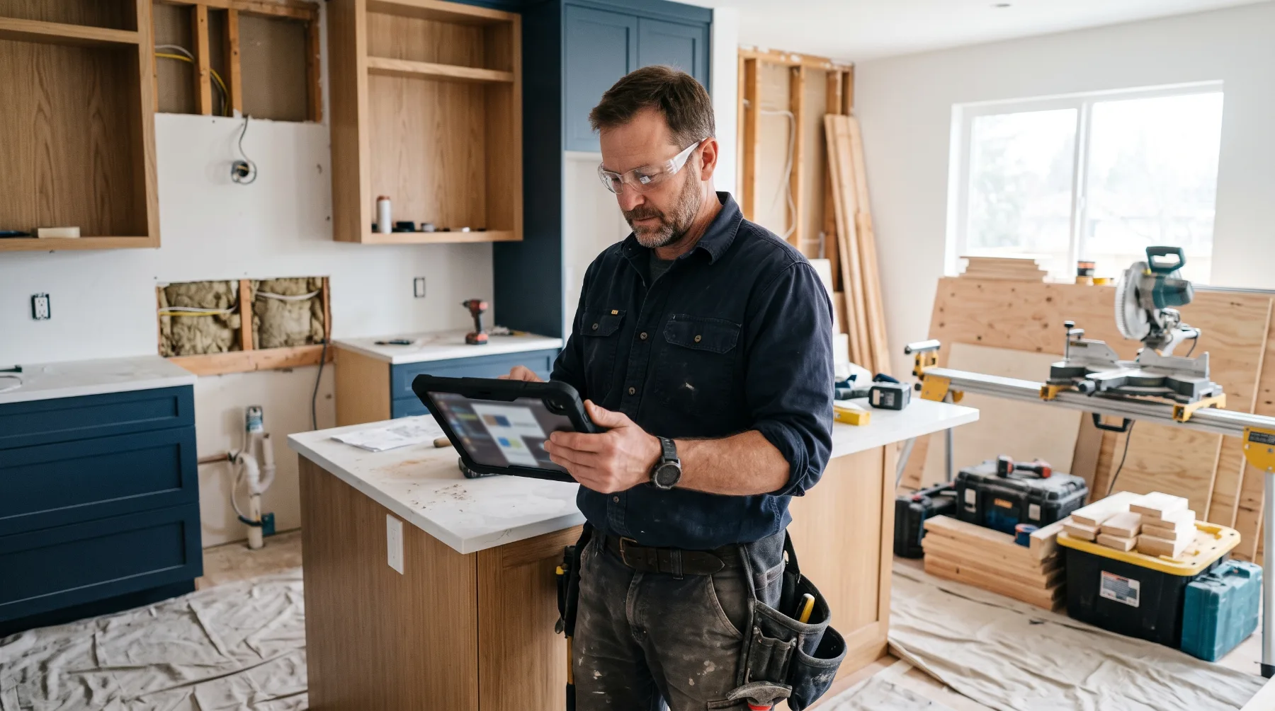 A renovation contractor checking a tablet inside a half-finished modern kitchen