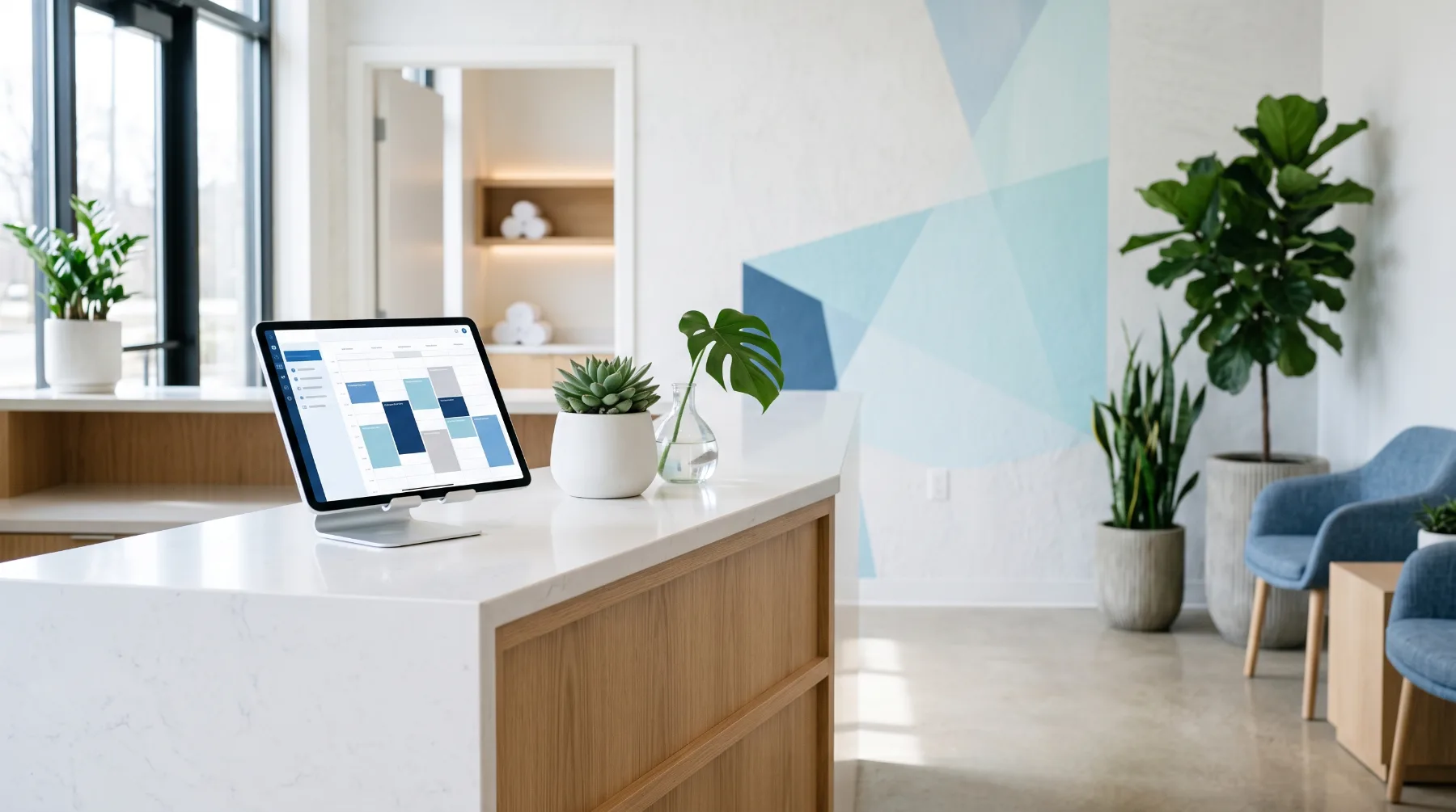 A bright wellness studio reception with plants and a tablet showing an online booking calendar