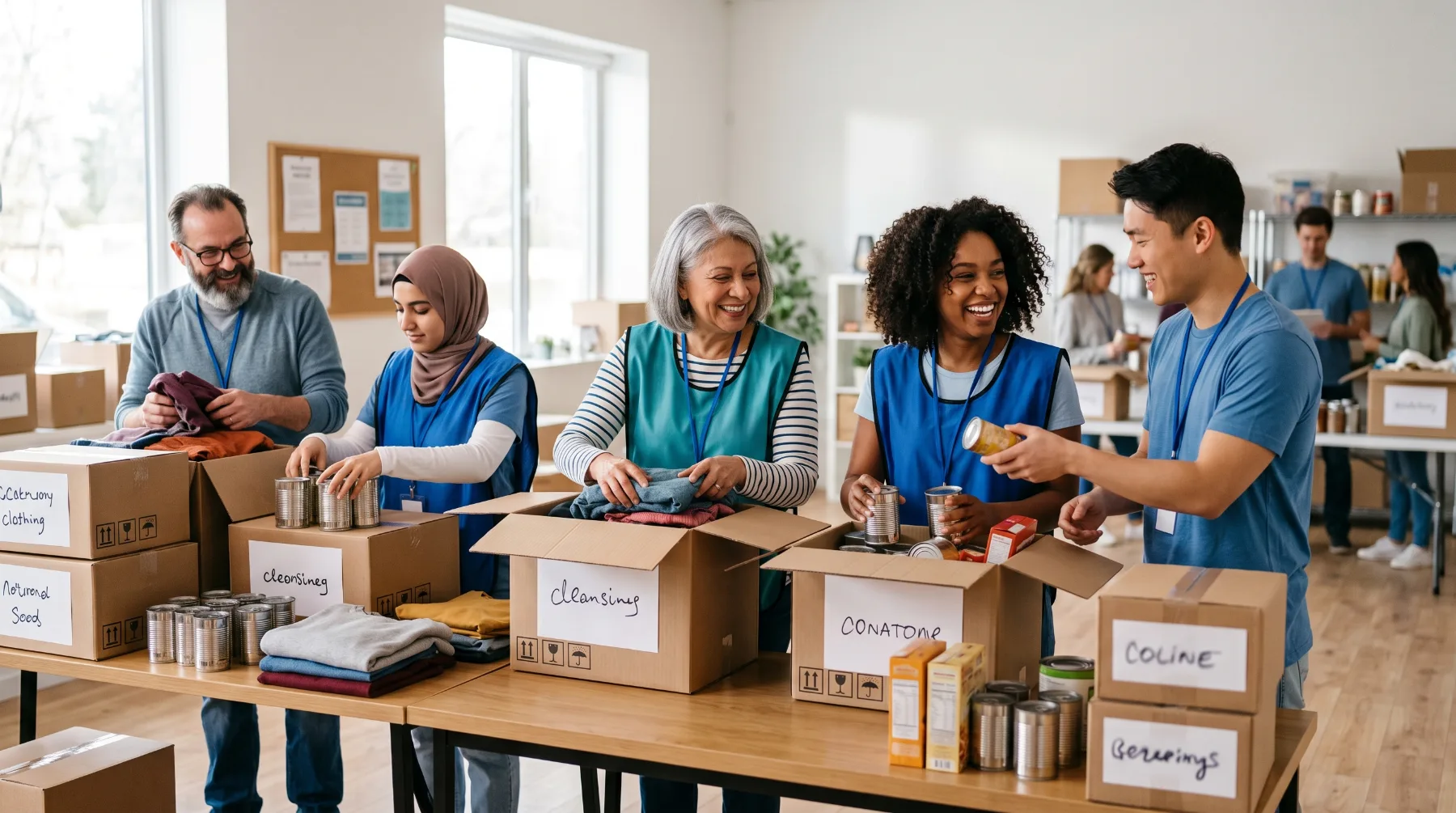 Volunteers of different ages sorting donated food and clothing into boxes in a community hall