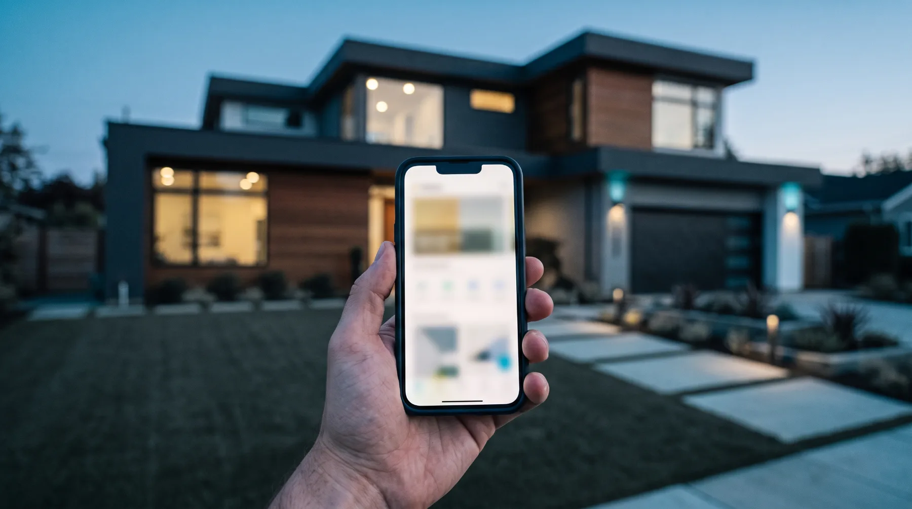 A modern two-storey home at twilight with a smartphone showing a property listing in the foreground
