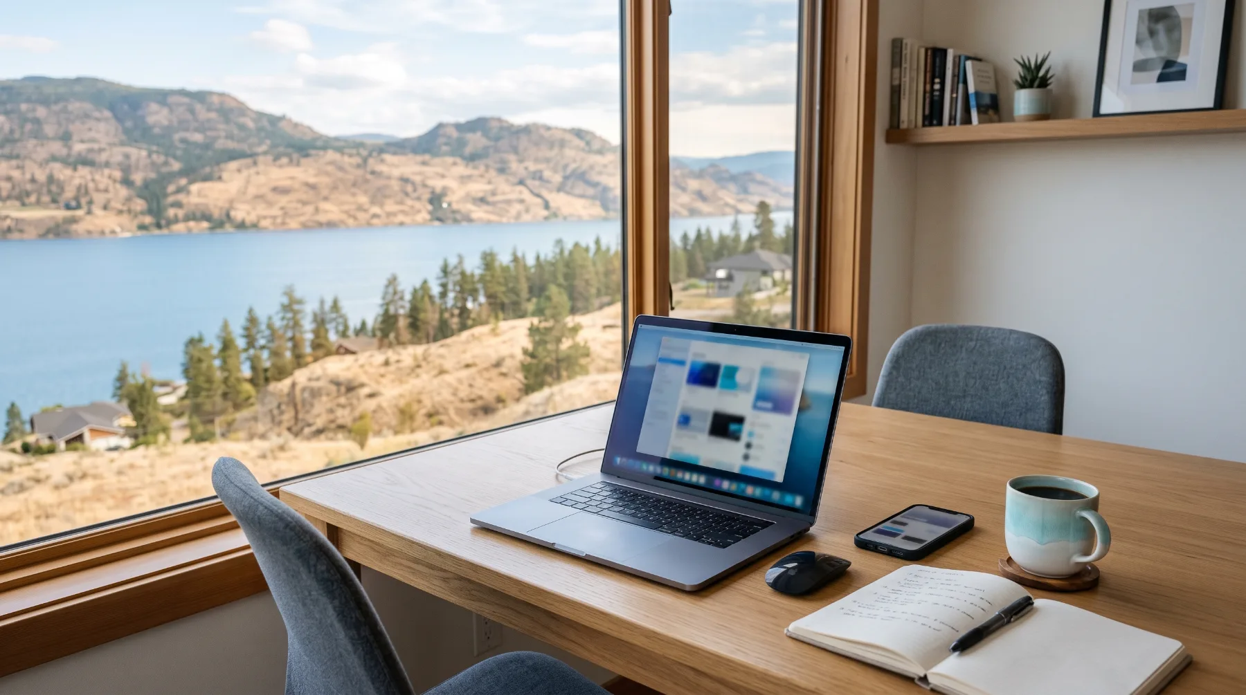 A home office desk by a window overlooking a lake and golden hills