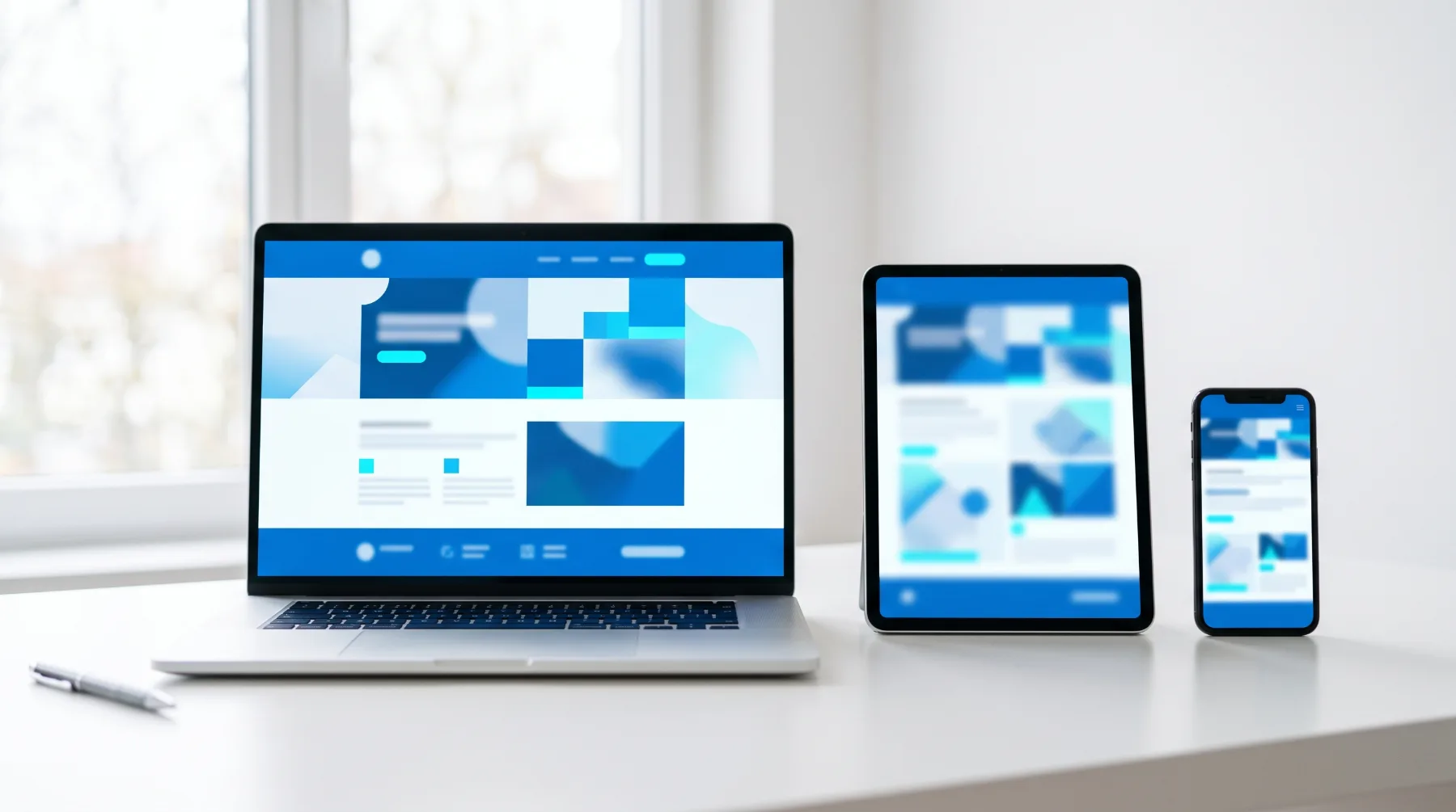 A responsive website shown on a laptop, a tablet and a smartphone