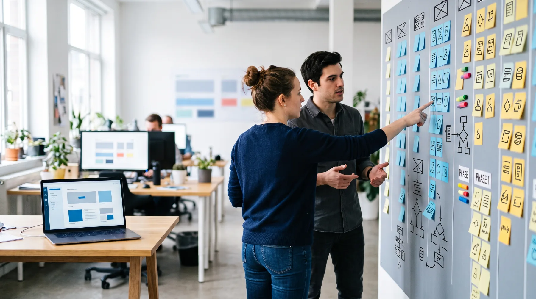 Two people planning a project at a wall of sticky notes