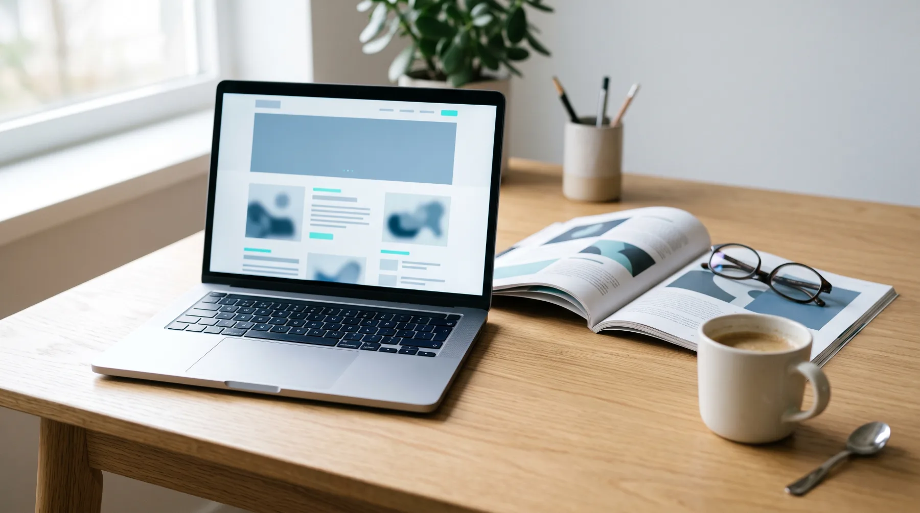 A laptop showing a blog article beside an open magazine and reading glasses