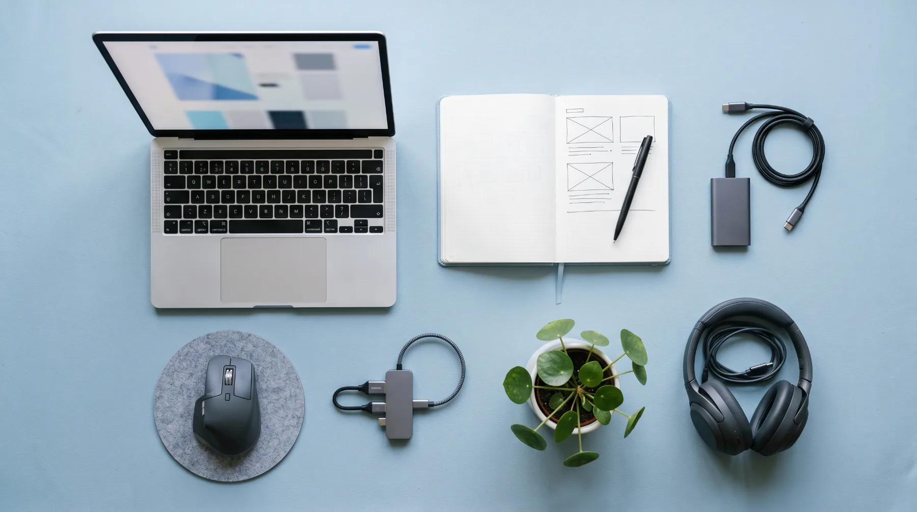 A flat lay of a laptop, mouse, SSD, notebook and headphones on a pale blue background