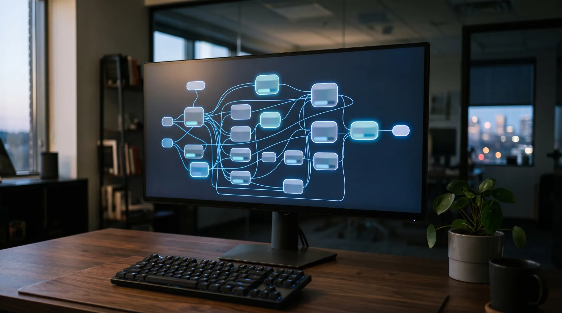A large monitor in a dim office showing a node-based workflow automation diagram
