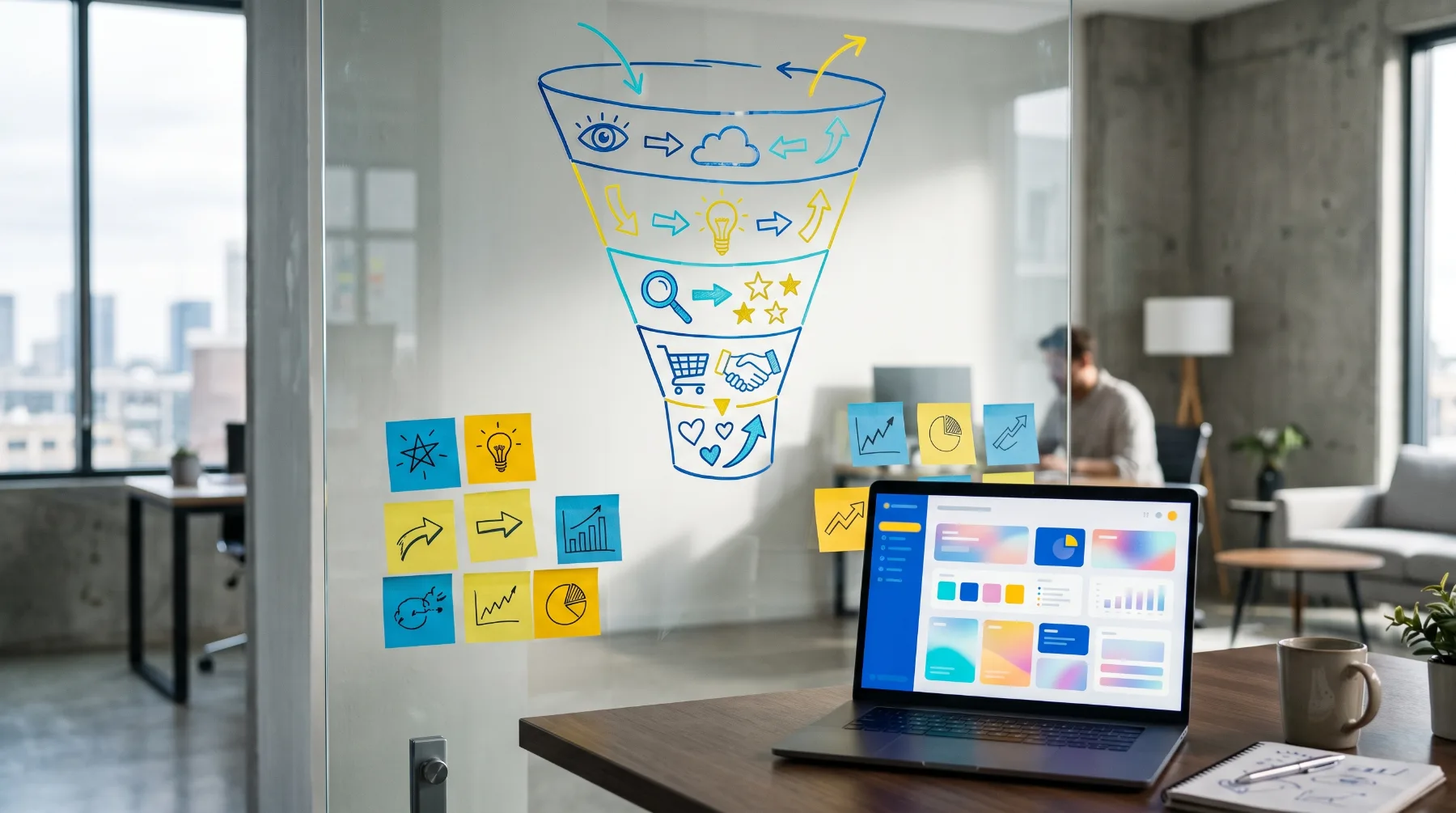 A glass whiteboard with a hand-drawn funnel diagram and sticky notes above a laptop showing campaign charts