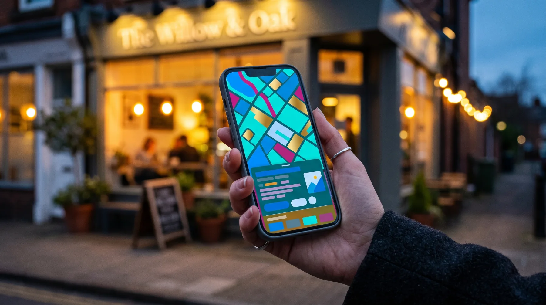A smartphone showing a map with location pins in front of a softly lit shopfront