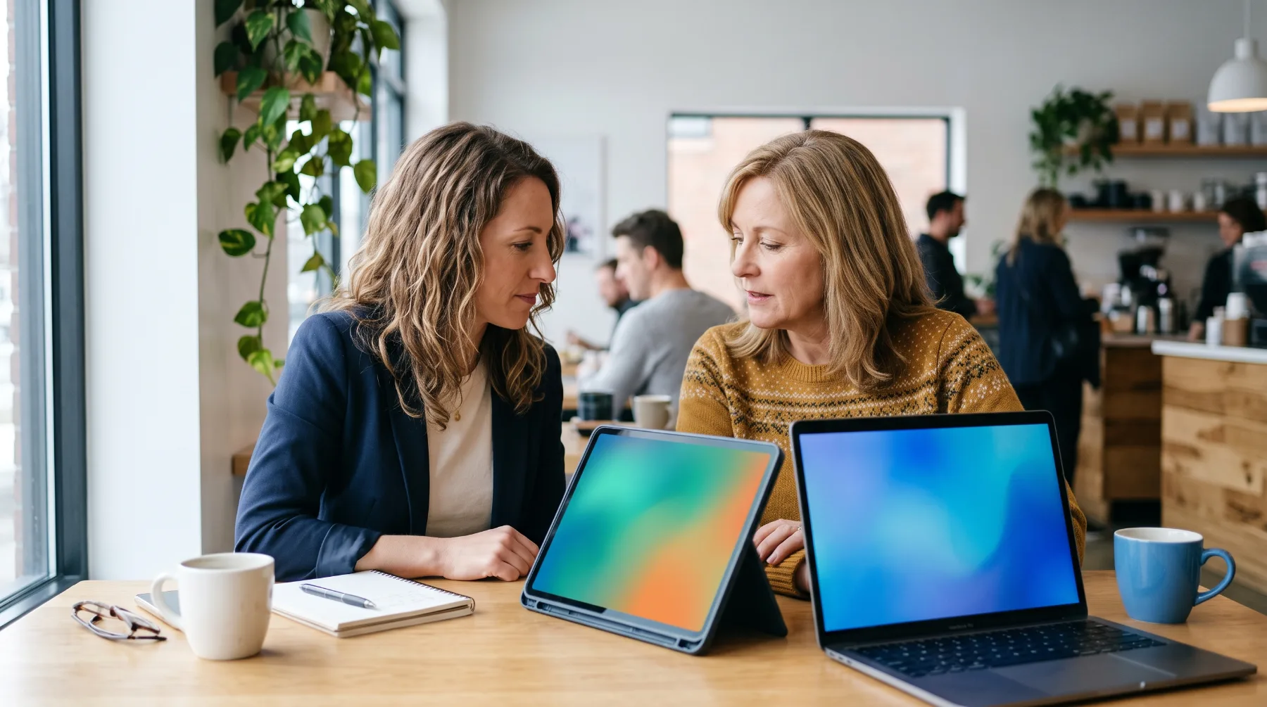 A consultant and a business owner reviewing traffic charts together on a tablet and a laptop