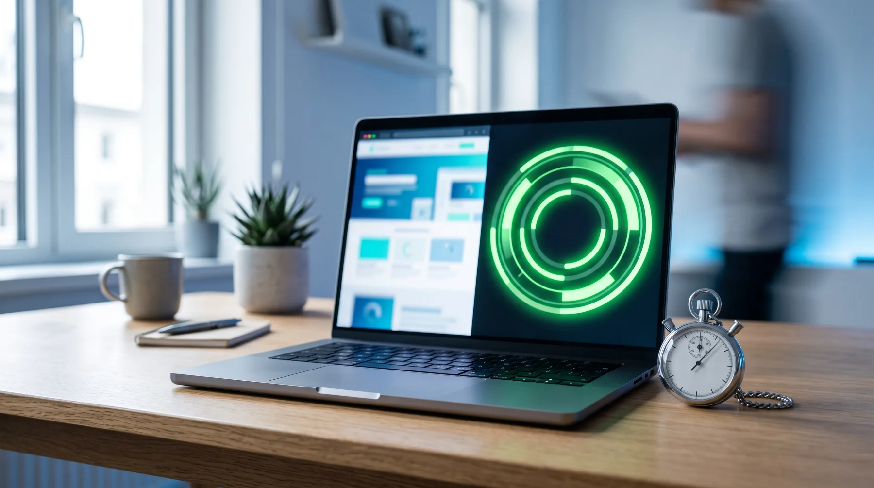 A laptop showing a green performance score gauge next to a stopwatch