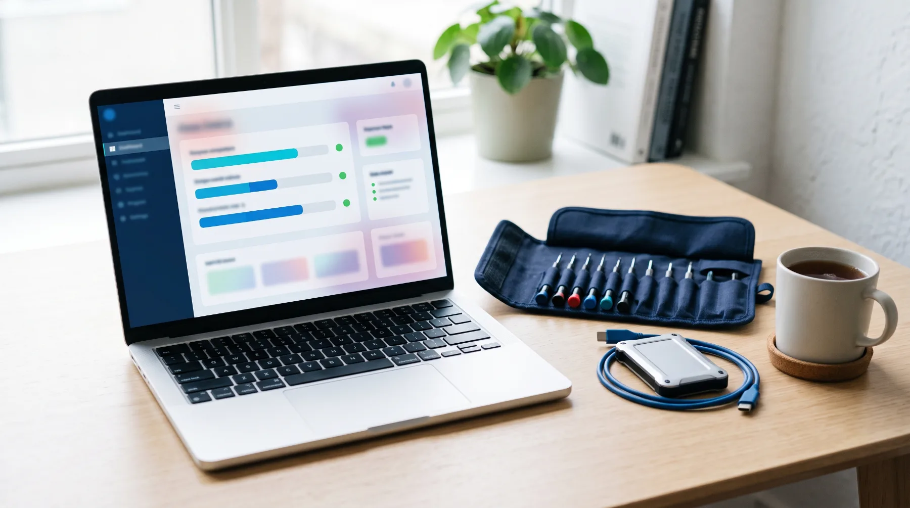 A laptop showing a website dashboard with green status indicators beside a small tool case and a backup drive
