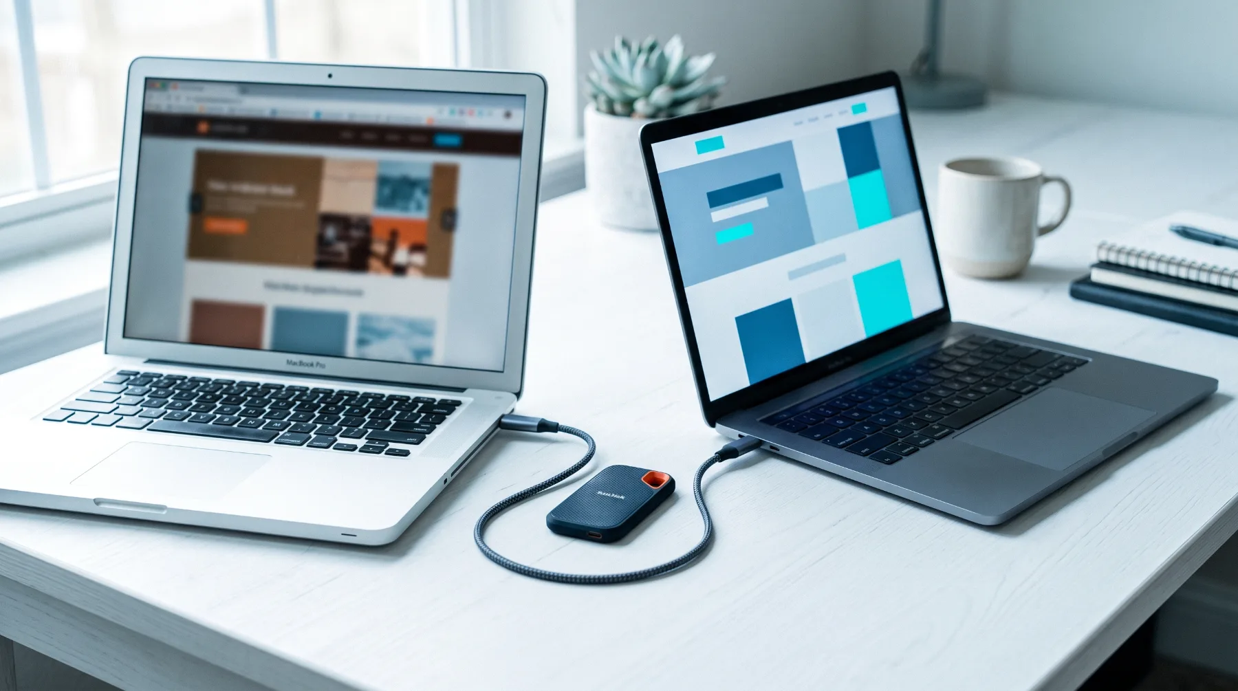 Two laptops connected side by side with a portable drive between them, showing an old and a new website