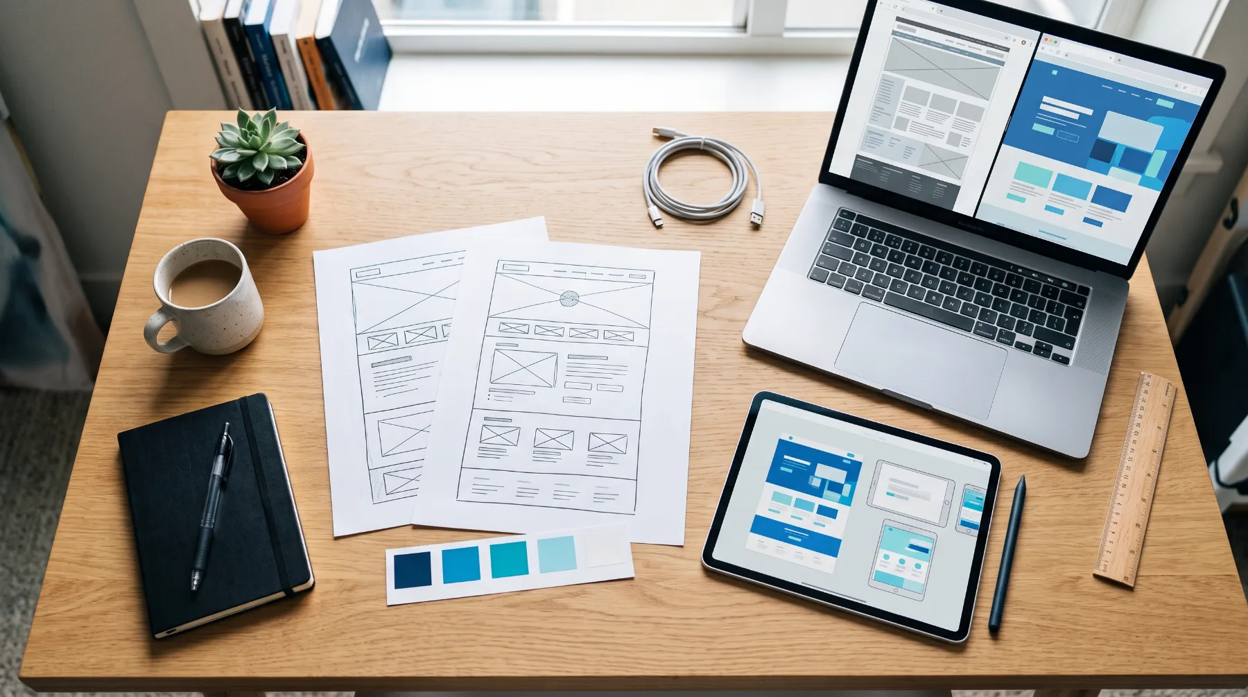Website wireframe sketches, colour swatches and a tablet showing a responsive website mockup on a designer’s desk