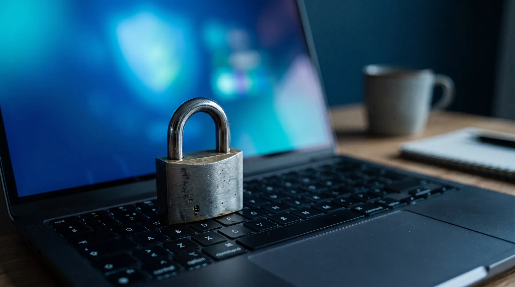 A metal padlock resting on a laptop keyboard with a blue security interface glowing on screen