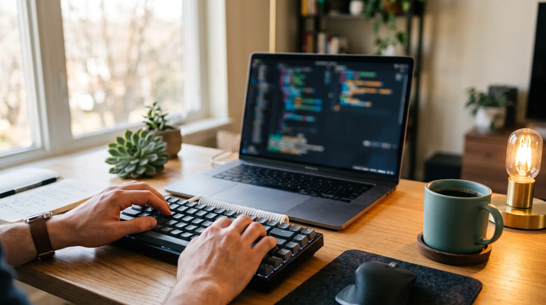 Developer’s hands on a keyboard in front of a laptop showing a dark code editor